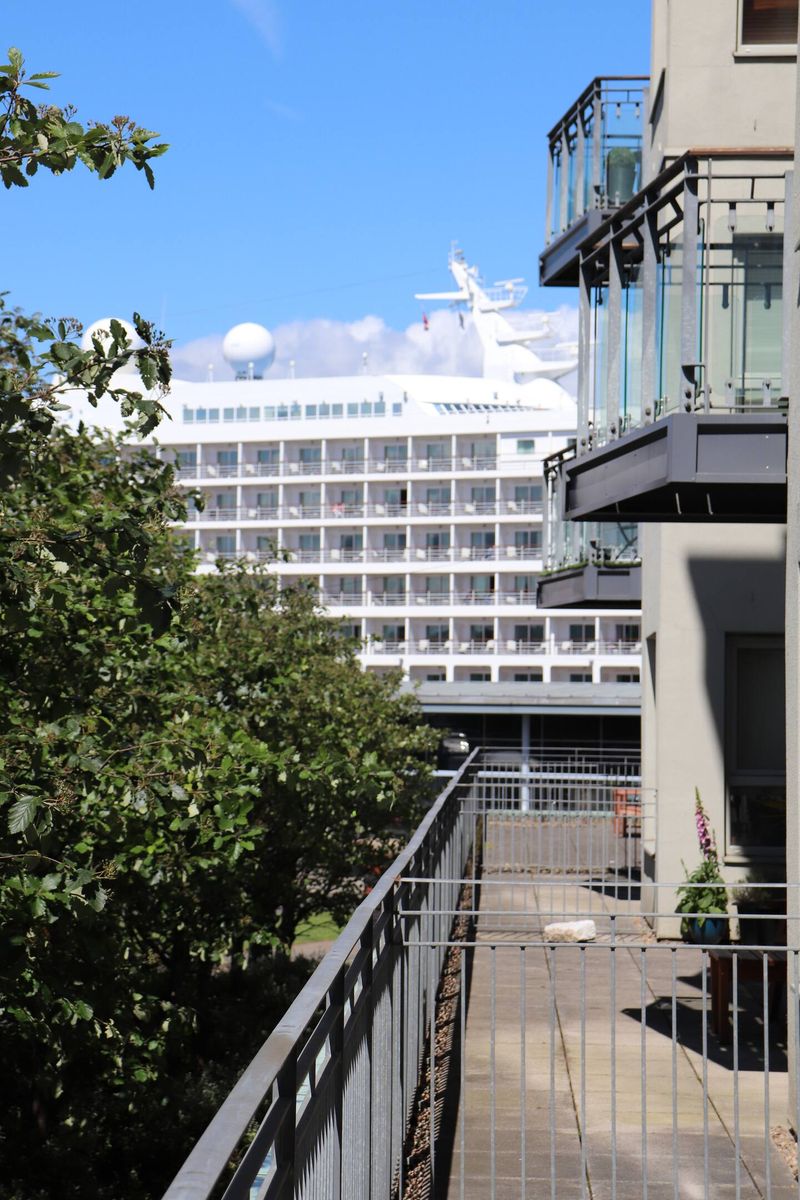 The view from the terrace across to the cruise terminal